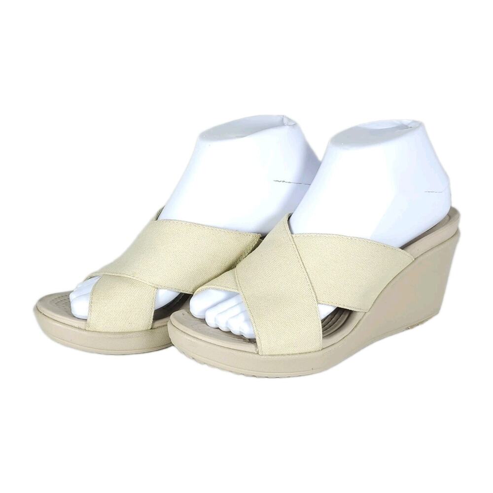 Crocs Women's Leigh II US8 Neutral Beige Canvas cross Strap Wedge Sandals